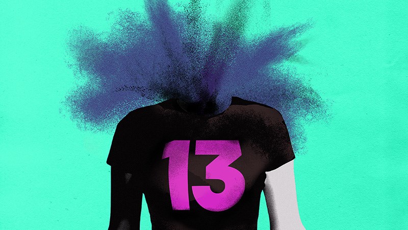 Illustration på neongrön bakgrund. En överkropp utan huvud i svart t-shirt med "13" på bröstet. Från halsen kommer en kaskad av blått och svart.)